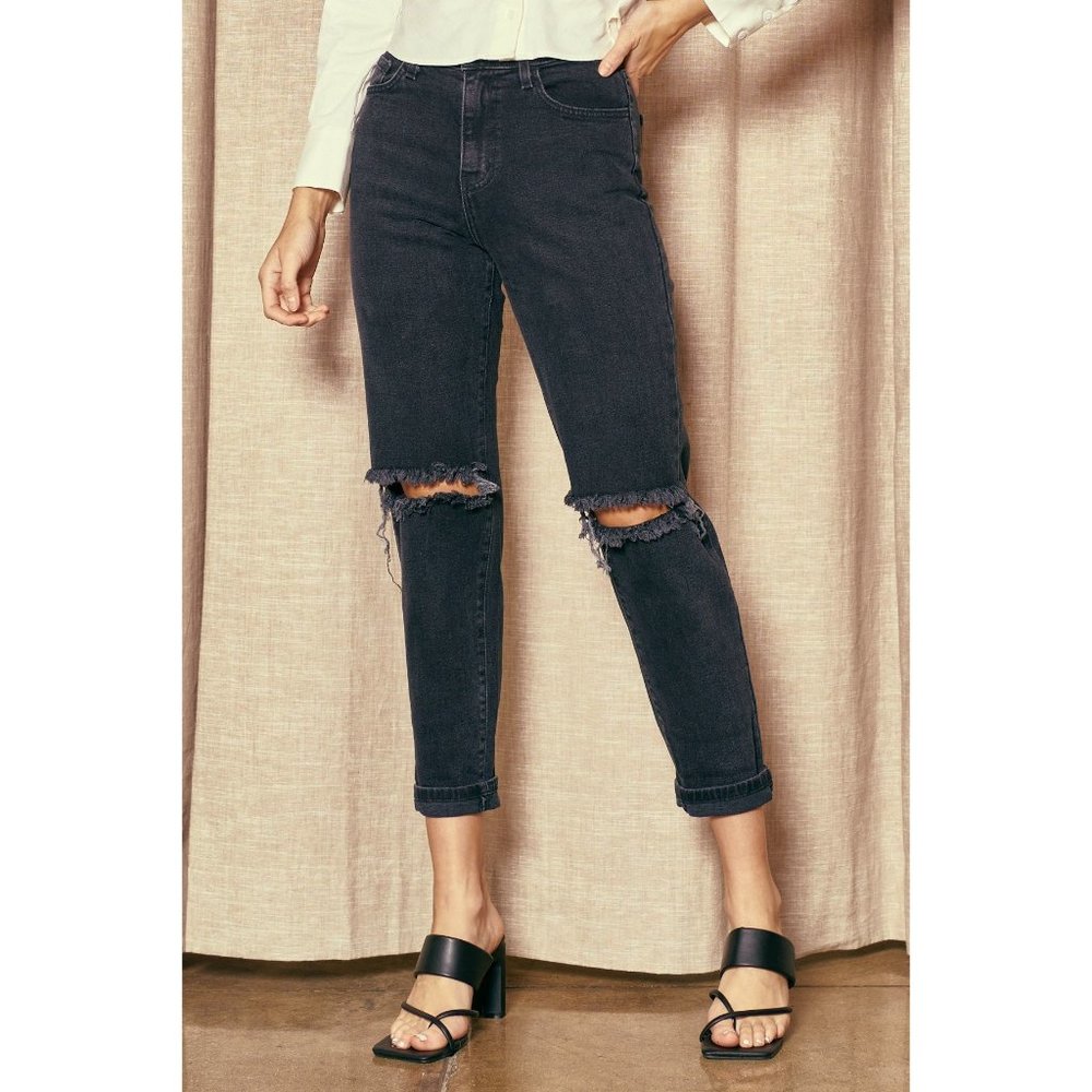 Vibrant MIU Womens Busted Mom Jeans Black Distressed Ripped Cropped size 25